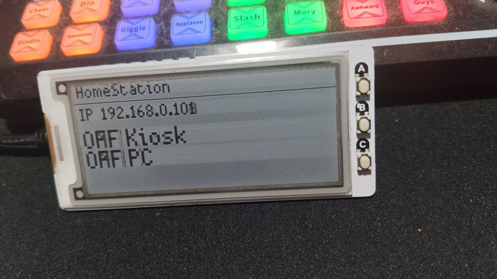 Actual Pico 2 W and Pimoroni Inky Pack PC power button on a desk, showing HomeStation, IP address, DAF Kiosk and DAF PC